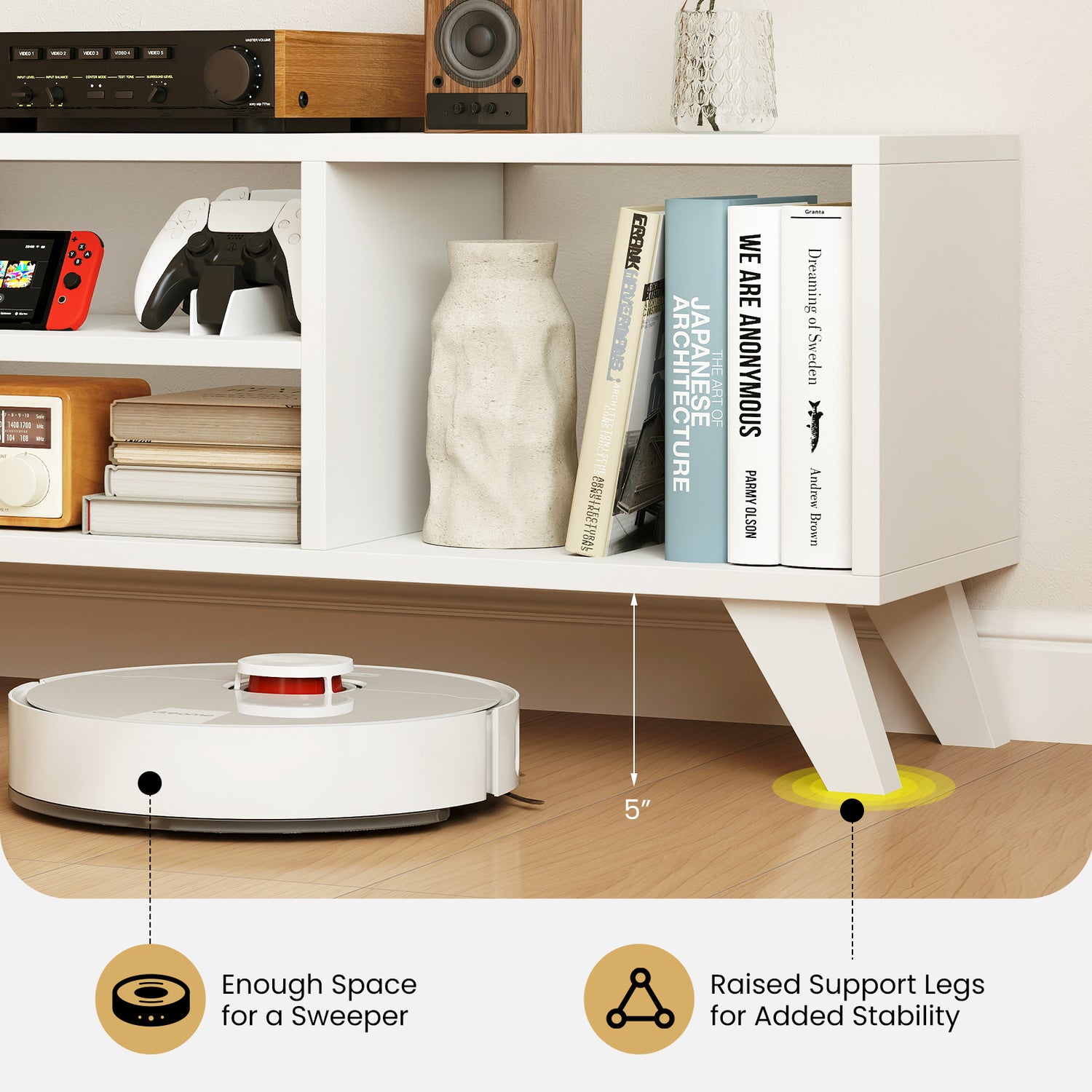 Media TV Console Table with Raised Support Legs-White