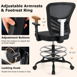 Mesh Drafting Chair Office Chair with Adjustable Armrests and Foot-Ring-Black
