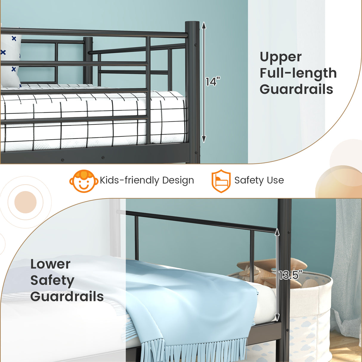 Metal Bunk Bed with Ladder and Full-length Guardrails-Black