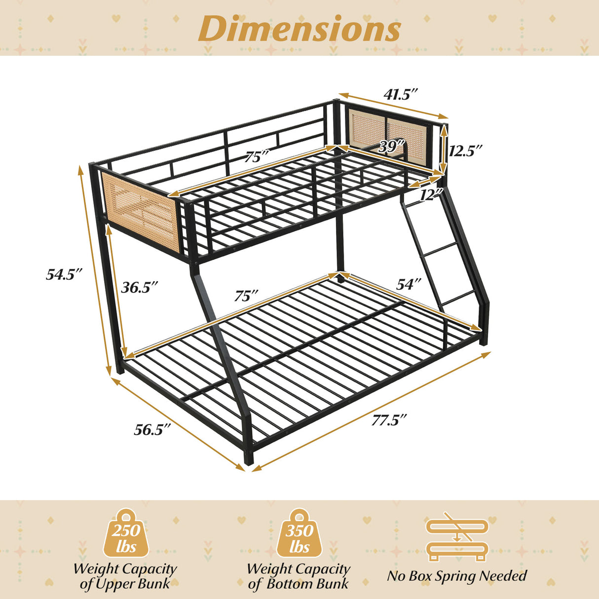 Metal Bunk Bed Twin Over Full with Full Length Safety Guardrail and Ramp Ladder