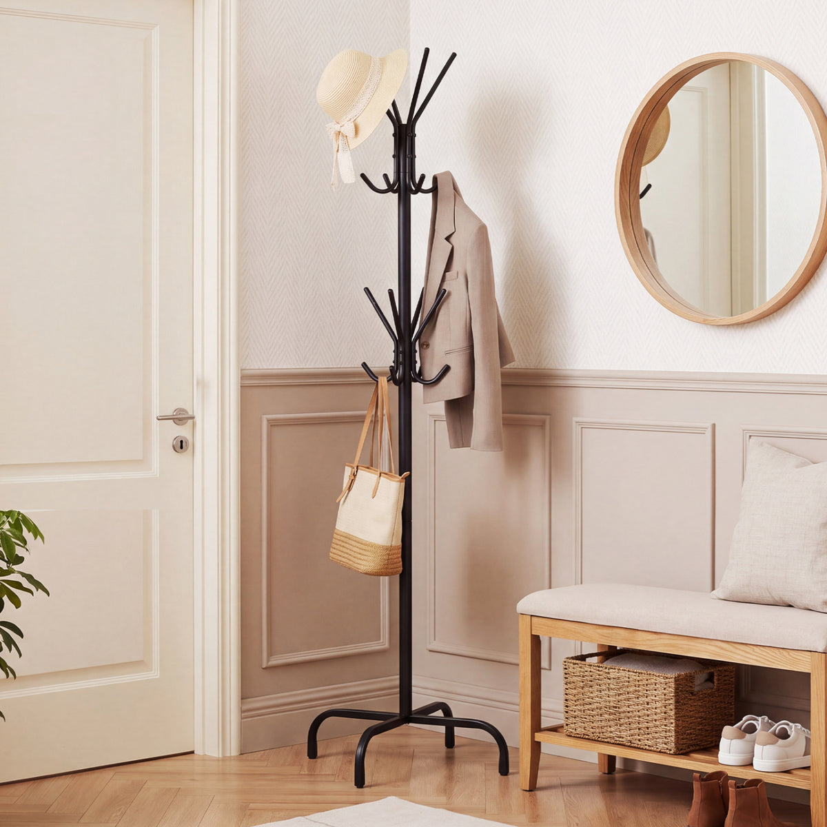 Metal Coat Rack Freestanding with 16 Hooks and 4 Legs for Entryway Office Bedroom-Black