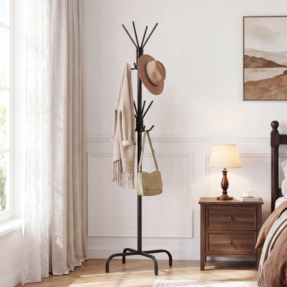 Metal Coat Rack Freestanding with 16 Hooks and 4 Legs for Entryway Office Bedroom-Black