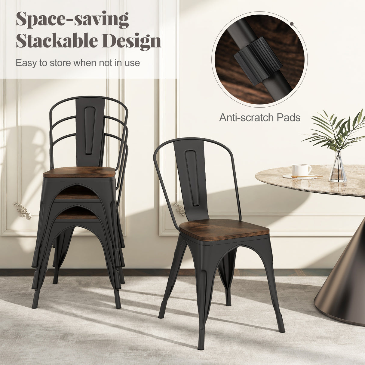 Metal Dining Chairs Set of 4 Tolix Style Stackable Kitchen Chairs with Wood Seat