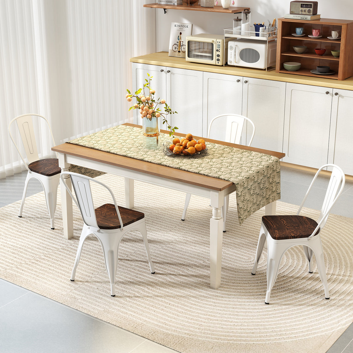 Metal Dining Chairs Set of 4 Stackable Kitchen Side Chairs with Wood Seat and Detachable High Backrest-White