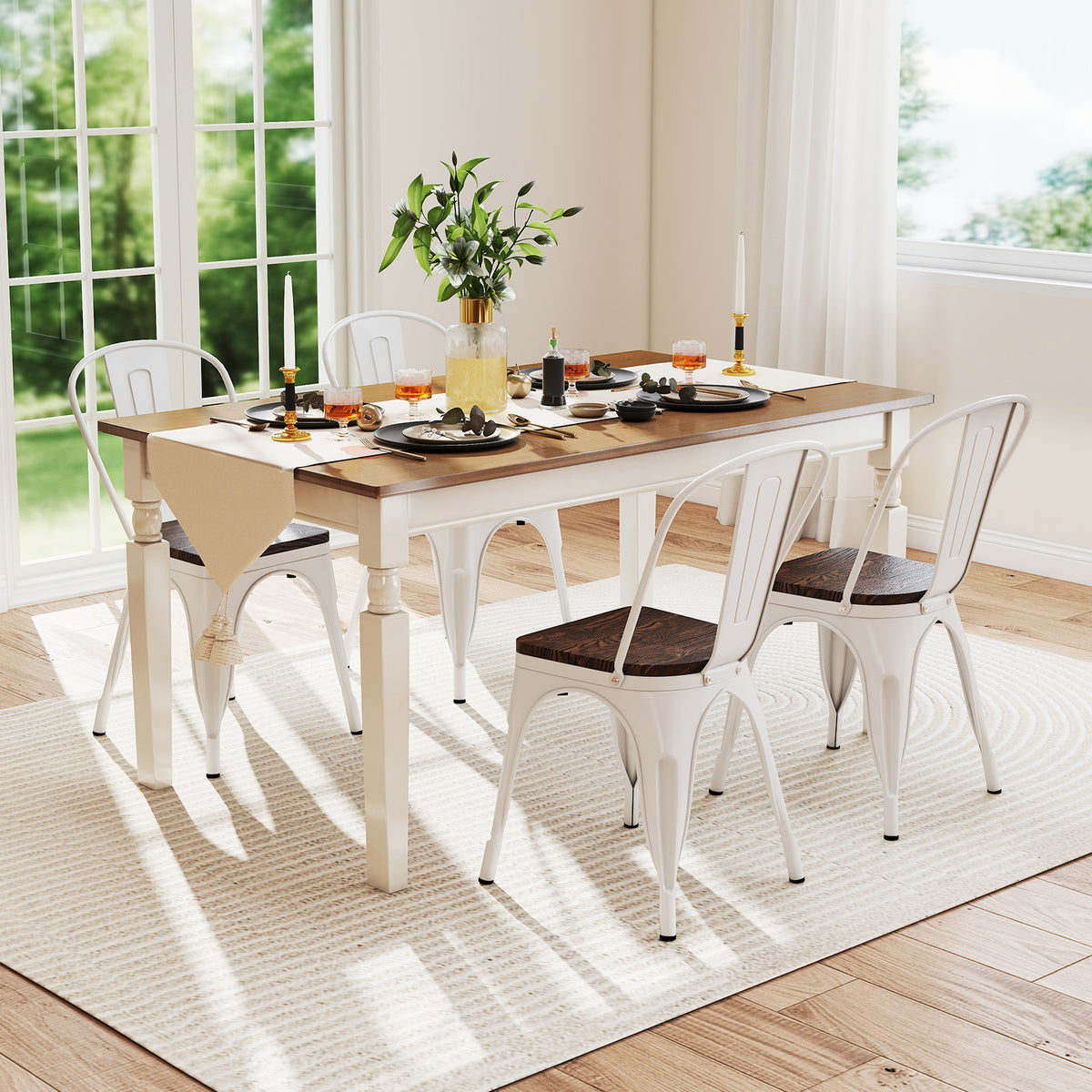 Metal Dining Chairs Set of 4 Stackable Kitchen Side Chairs with Wood Seat and Detachable High Backrest-White