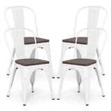 Metal Dining Chairs Set of 4 Stackable Kitchen Side Chairs with Wood Seat and Detachable High Backrest-White