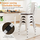 Metal Dining Chairs Set of 4 Stackable Kitchen Side Chairs with Wood Seat and Detachable High Backrest-White
