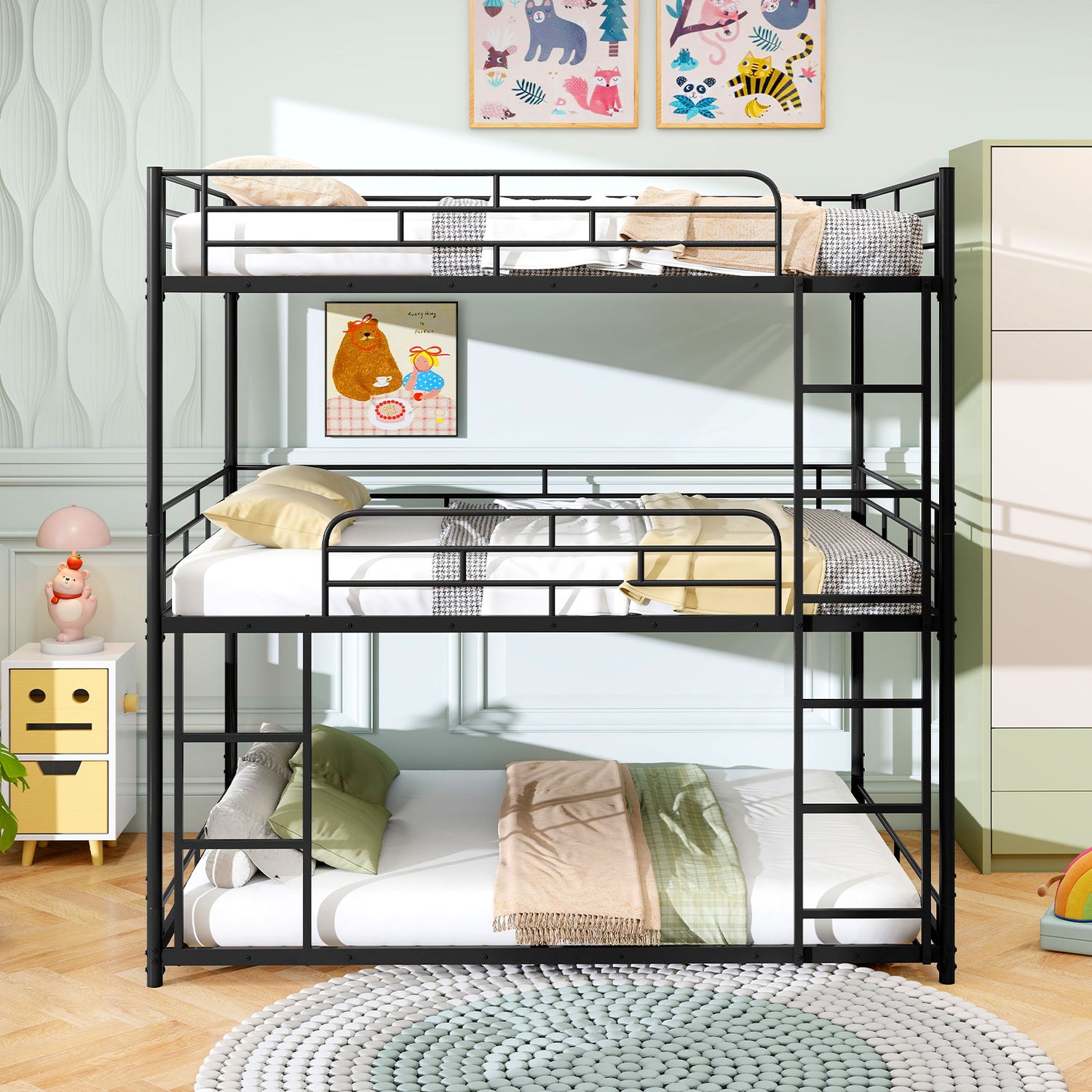 Metal Triple Bunk Bed with Safety Guardrails and 2 Ladders-Black