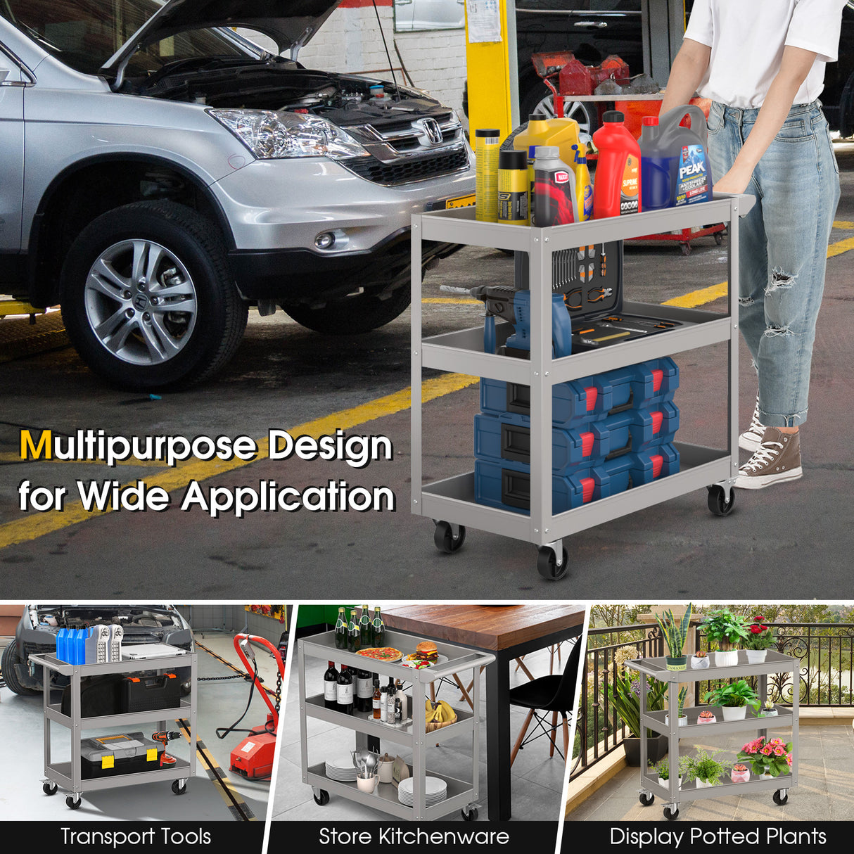 3-Tier Metal Utility Cart Trolley Tool with Flat Handle and 2 Lockable Universal Wheels