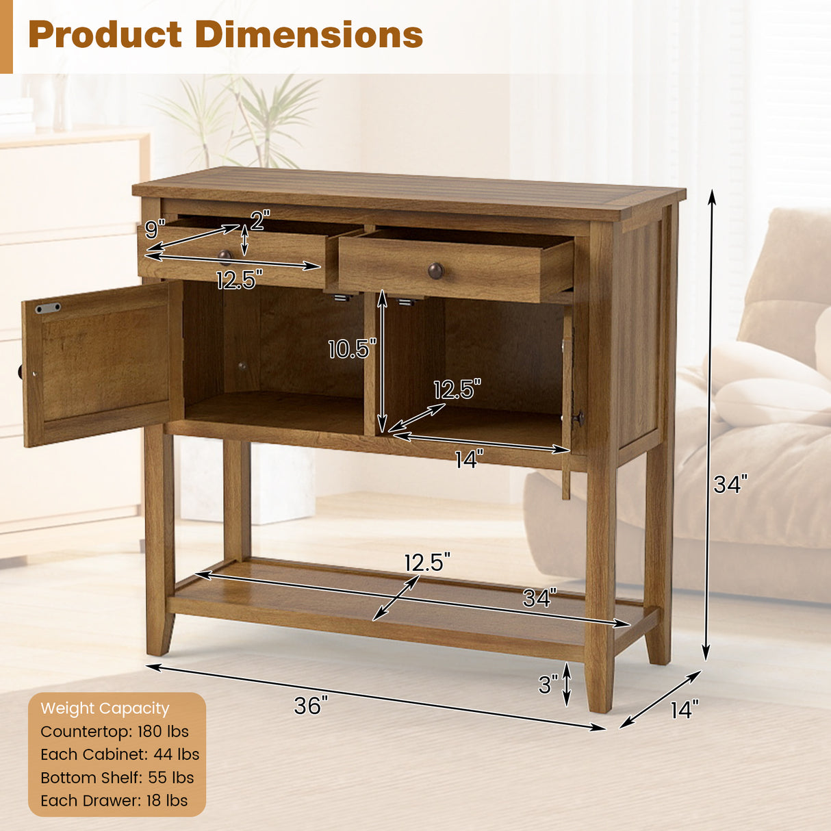 Mid-Century Console Table Wood Coffee Bar Buffet Sideboard with 2 Drawers-Walnut
