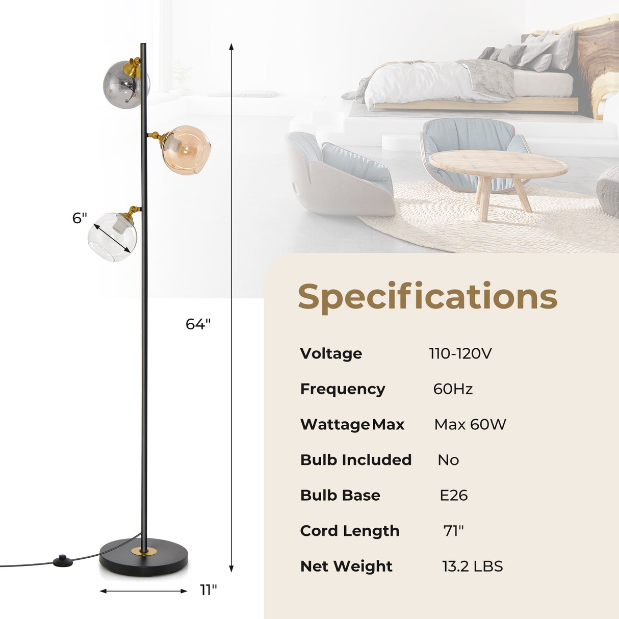 Mid Century Floor Lamp with 3 Glass Globe Lampshades and Weighted Base