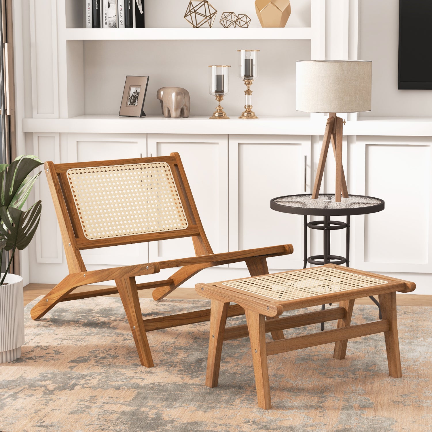Mid Century Modern Accent Chair Farmhouse Handwoven Rattan Chair with Ottoman