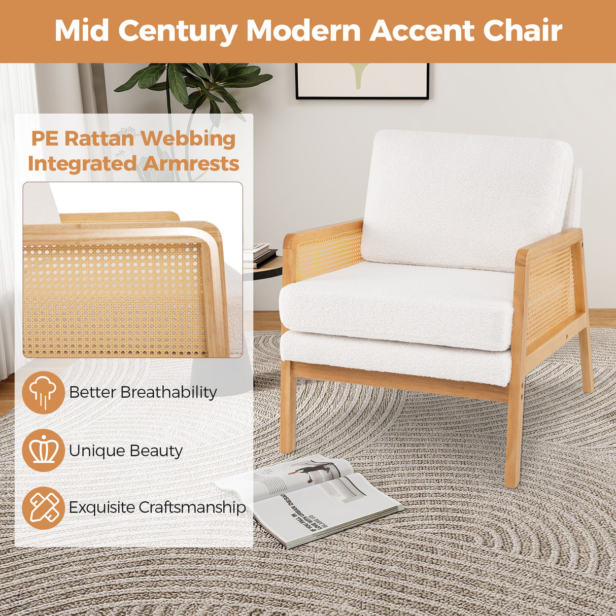 Mid Century Modern Accent Chair with Rattan Arms and Cushion