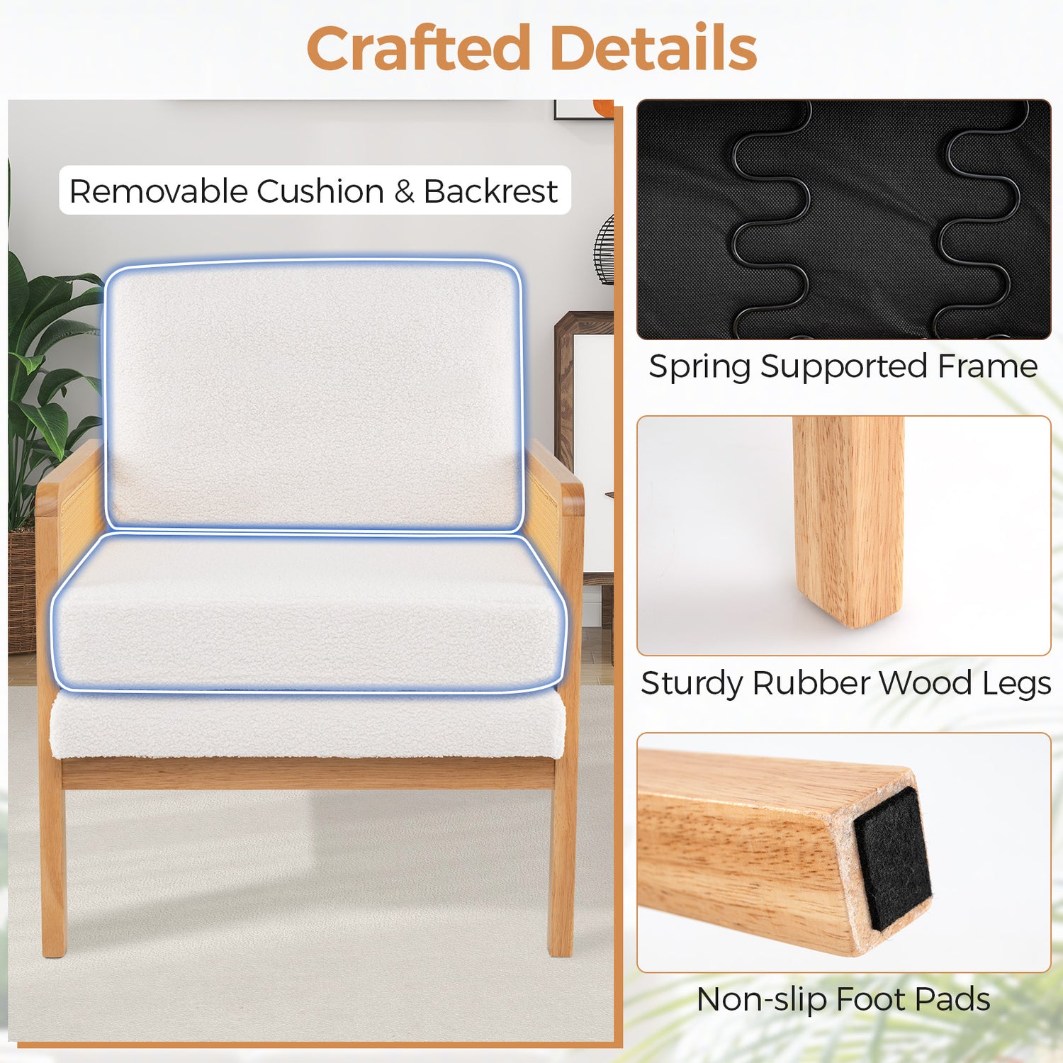 Mid Century Modern Accent Chair with Rattan Arms and Cushion