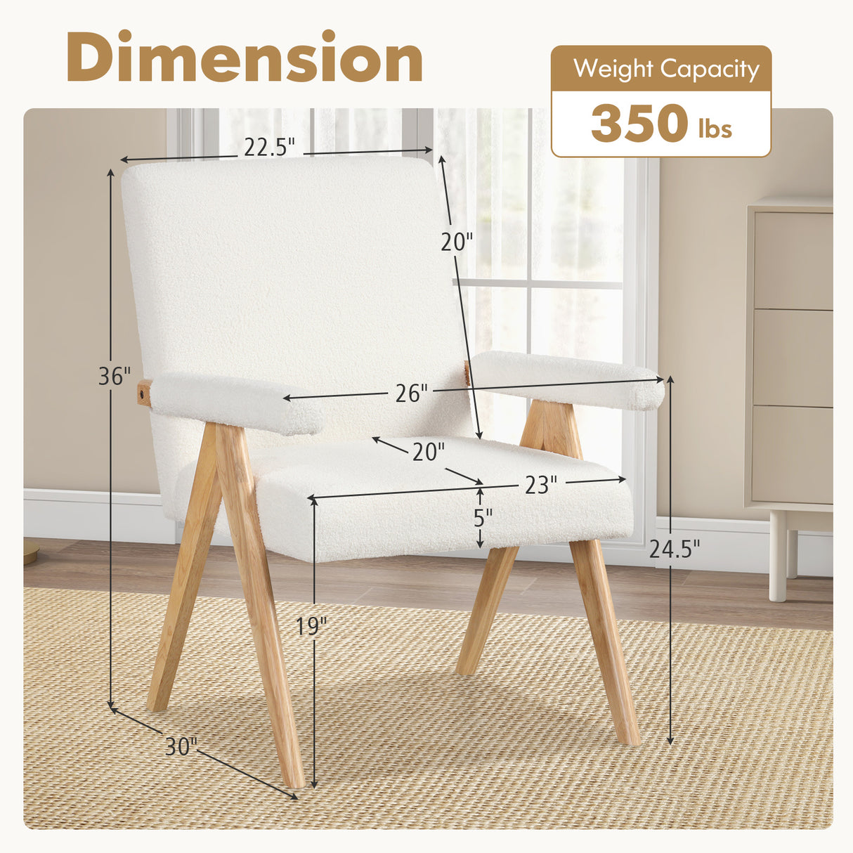 Mid Century Modern Accent Chair with Rubber Wood Frame and Padded Armrests-White