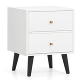 Mid Century Modern Bedside Table Nightstand with Golden Knobs and Raised Support Legs-White