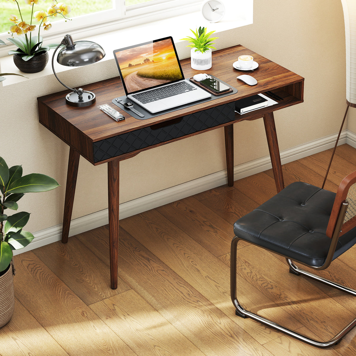 Mid-Century Modern Computer Desk with Drawer and Open Compartment-Brown