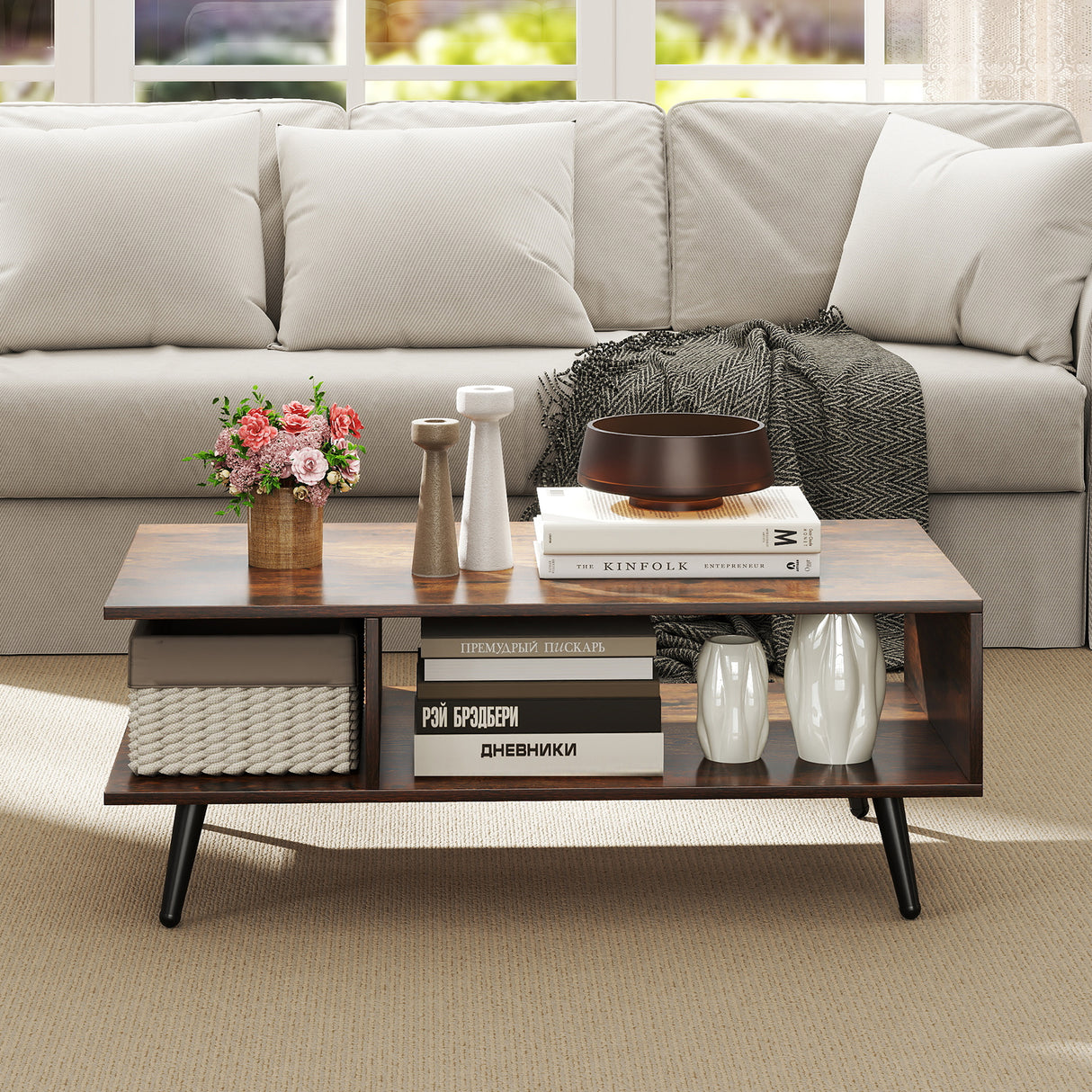 Mid Century Modern Rectangle Coffee Table 2-Tier Accent Table with 2 Open Compartments