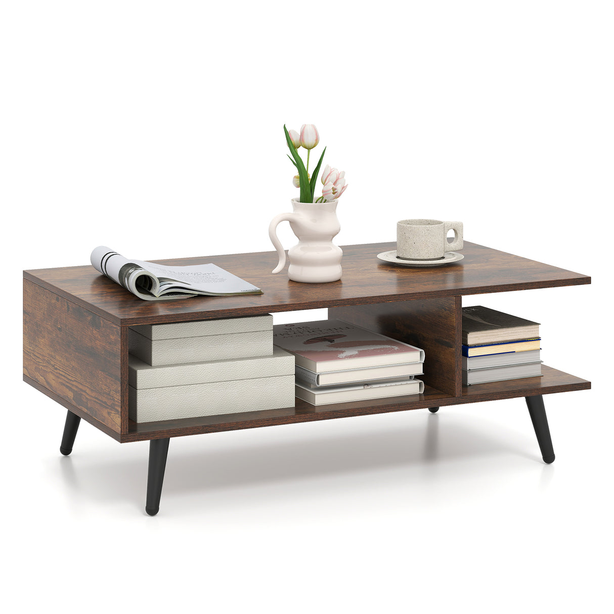 Mid Century Modern Rectangle Coffee Table 2-Tier Accent Table with 2 Open Compartments