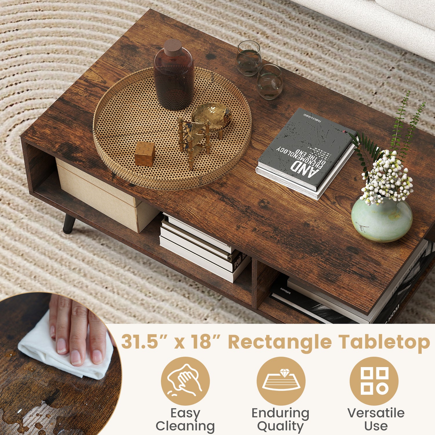 Mid Century Modern Rectangle Coffee Table 2-Tier Accent Table with 2 Open Compartments