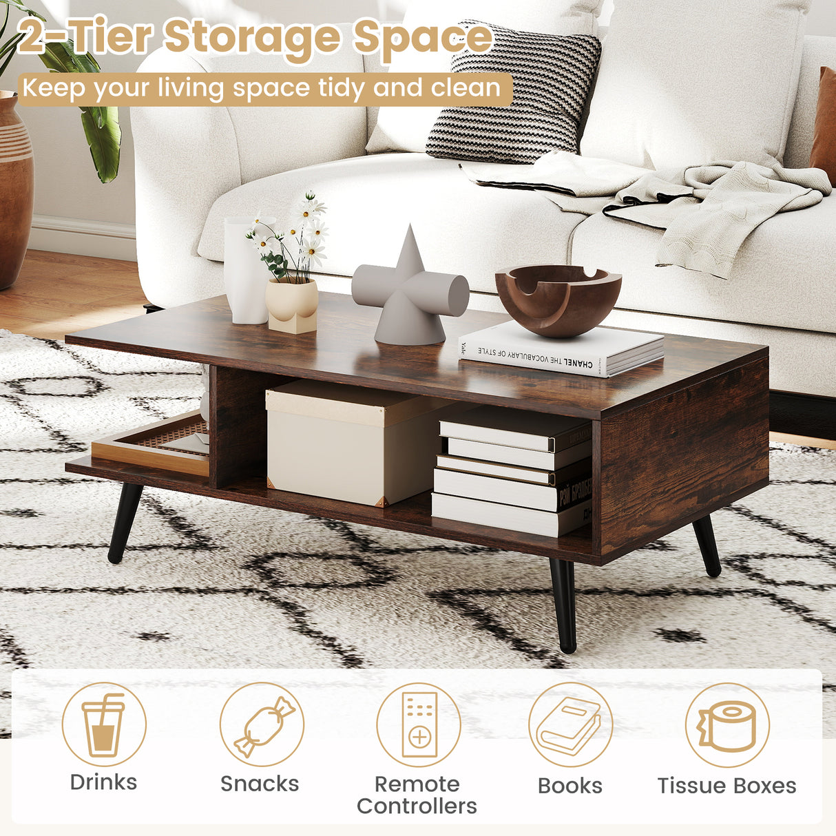 Mid Century Modern Rectangle Coffee Table 2-Tier Accent Table with 2 Open Compartments