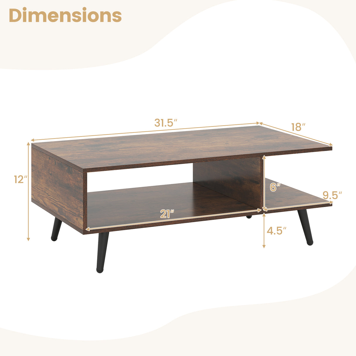 Mid Century Modern Rectangle Coffee Table 2-Tier Accent Table with 2 Open Compartments