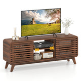 Mid Century Modern Entertainment Center with Grille-style Sliding Doors for Living Room-Walnut