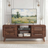 Mid Century Modern Entertainment Center with Grille-style Sliding Doors for Living Room-Walnut
