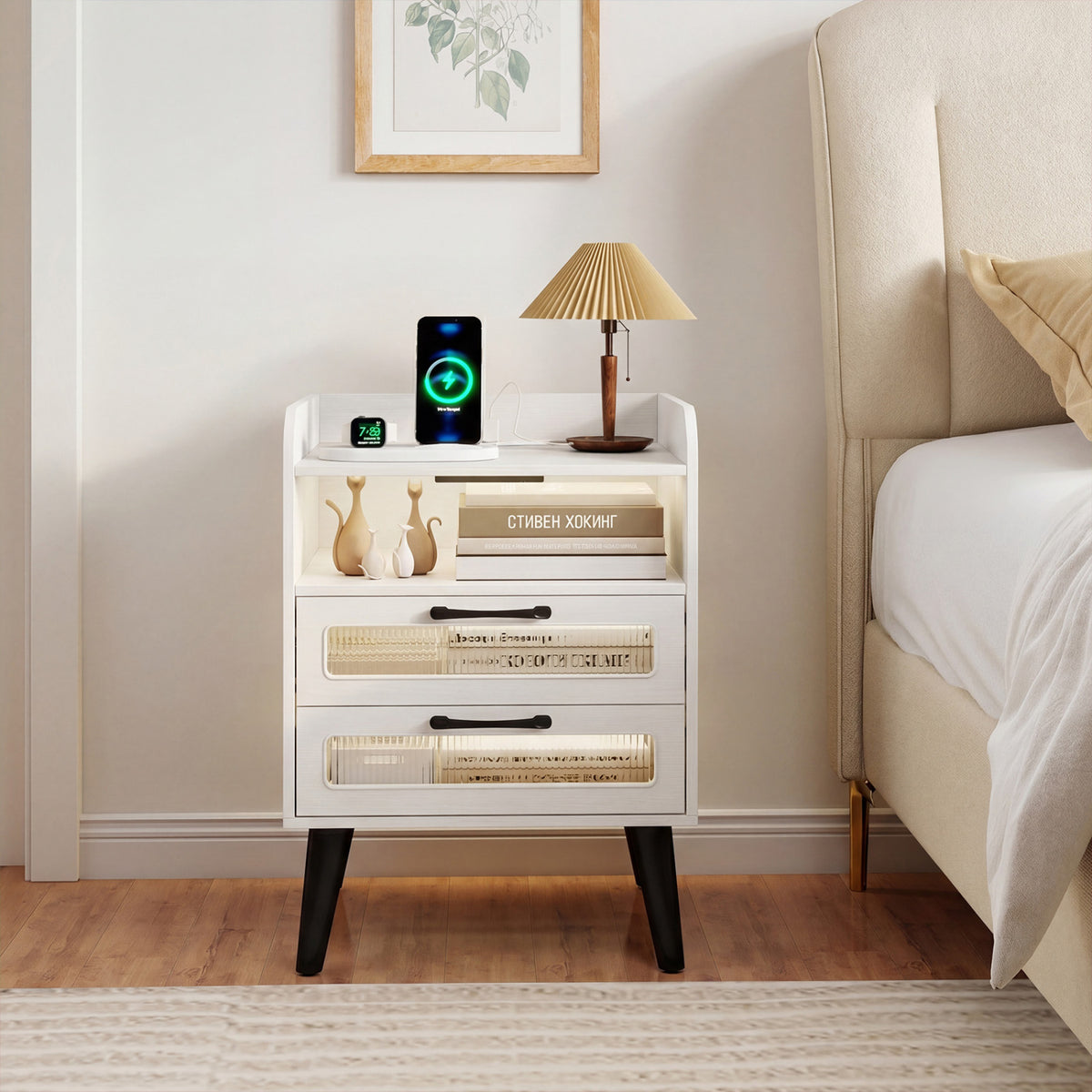 Mid Century Modern Nightstand with Charging Station and LED Lights