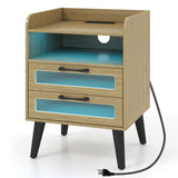 Mid Century Modern Nightstand with Charging Station and LED Lights