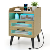 Mid Century Modern Nightstand with Charging Station and LED Lights