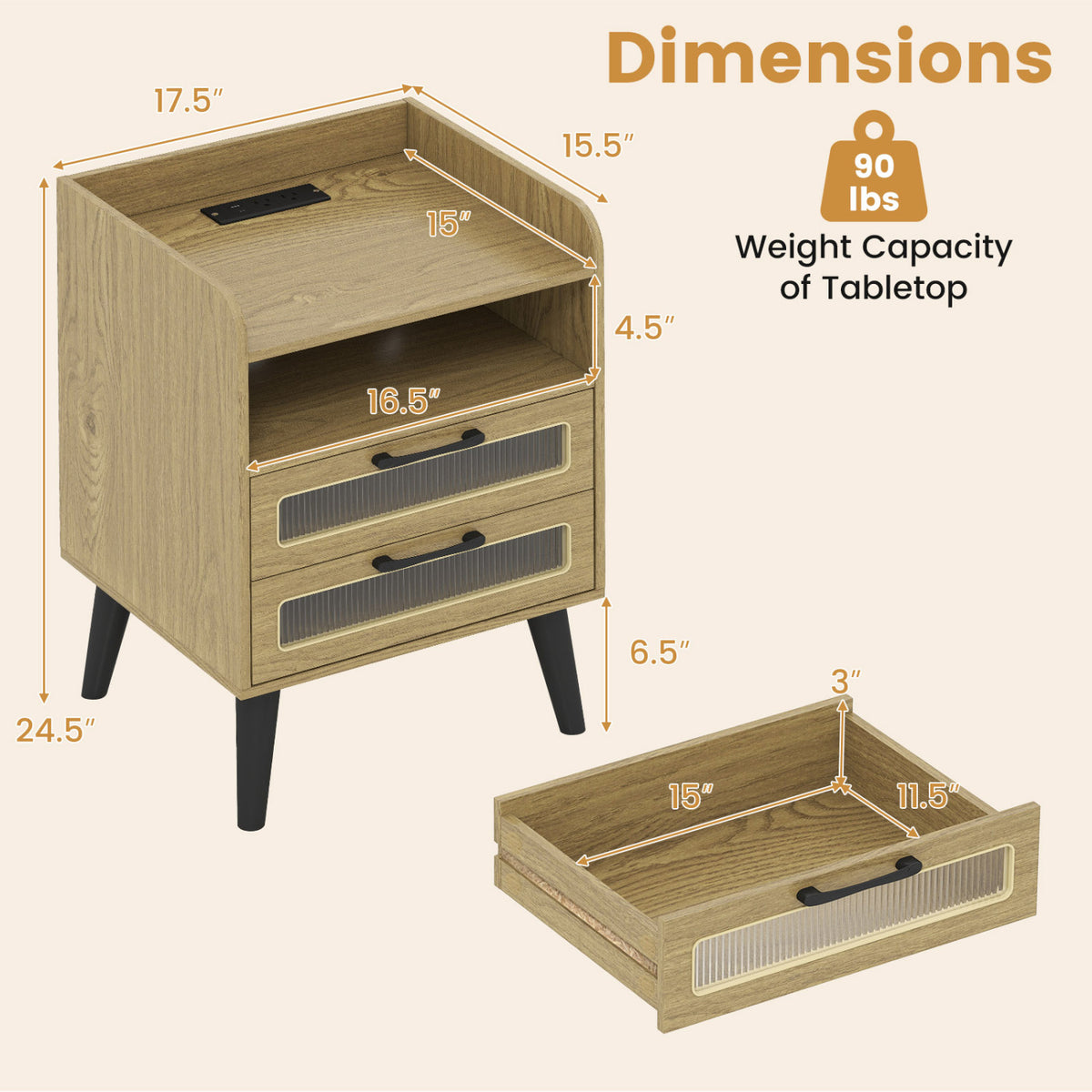 Mid Century Modern Nightstand with Charging Station and LED Lights