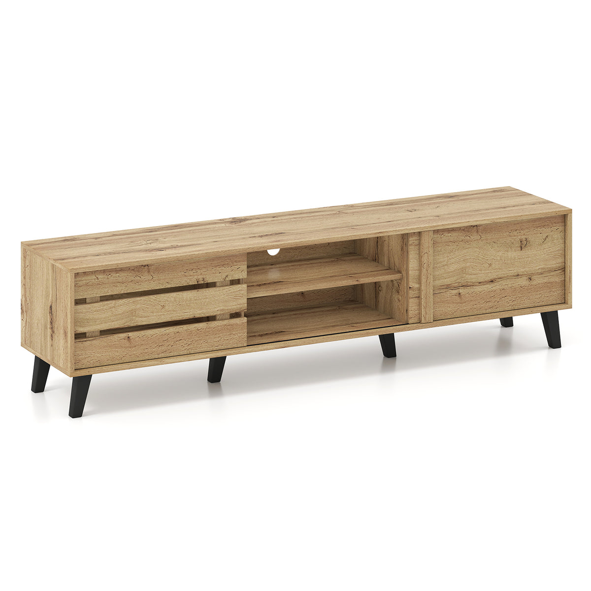 Mid Century Modern TV Stand for 80 Inch TVs with Sliding Door Cabinets and Storage Shelves-Oak