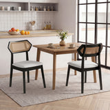Mid Century Rattan Dining Chairs Set of 2 with Rattan Back and Solid Wood Frame