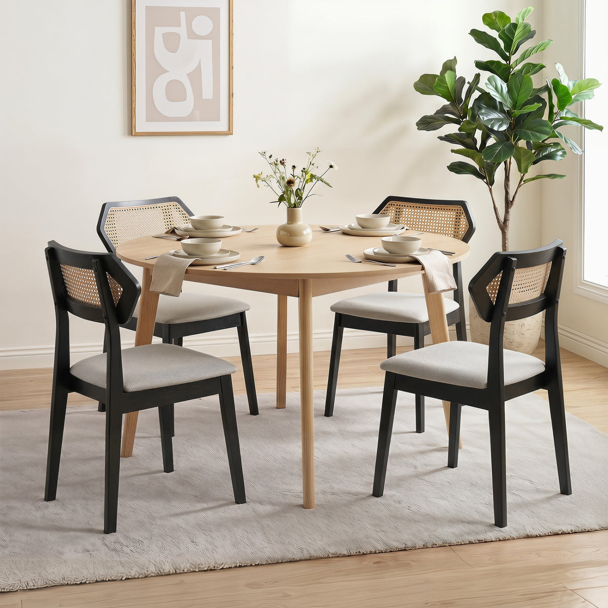 Mid Century Rattan Dining Chairs Set of 2 with Rattan Back and Solid Wood Frame