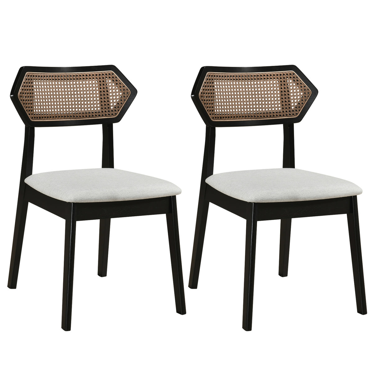 Mid Century Rattan Dining Chairs Set of 2 with Rattan Back and Solid Wood Frame