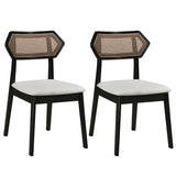 Mid Century Rattan Dining Chairs Set of 2 with Rattan Back and Solid Wood Frame