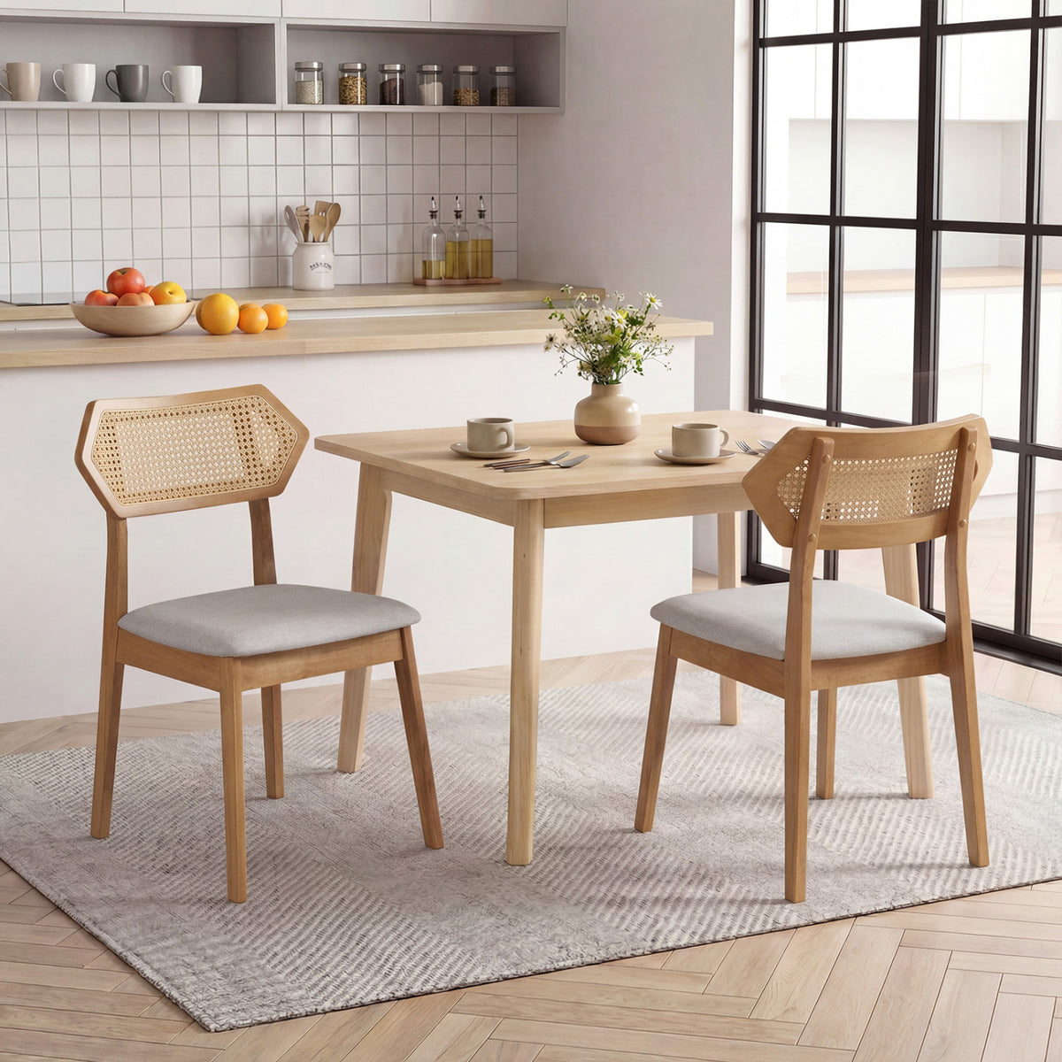 Mid Century Rattan Dining Chairs Set of 2 with Rattan Back and Solid Wood Frame