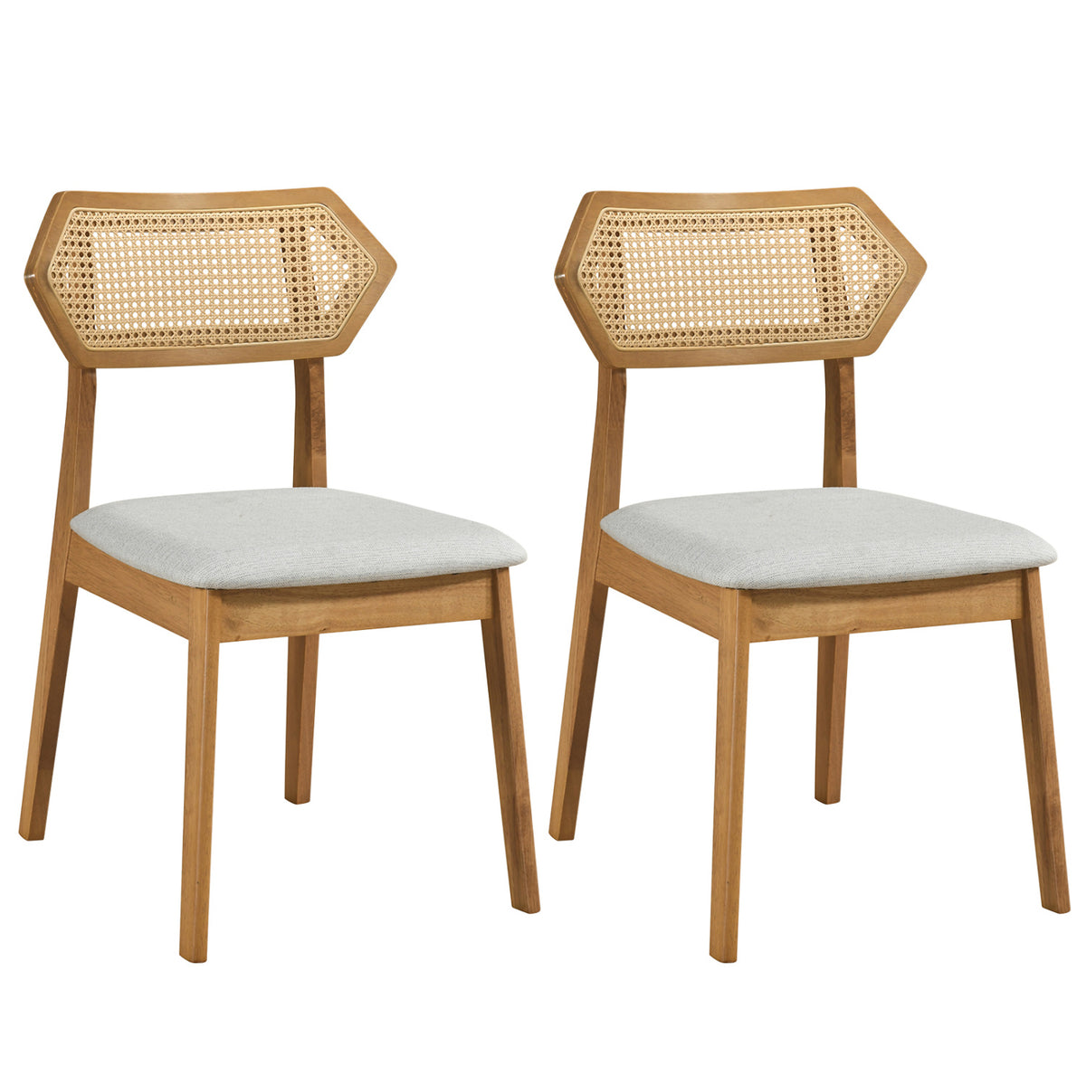 Mid Century Rattan Dining Chairs Set of 2 with Rattan Back and Solid Wood Frame