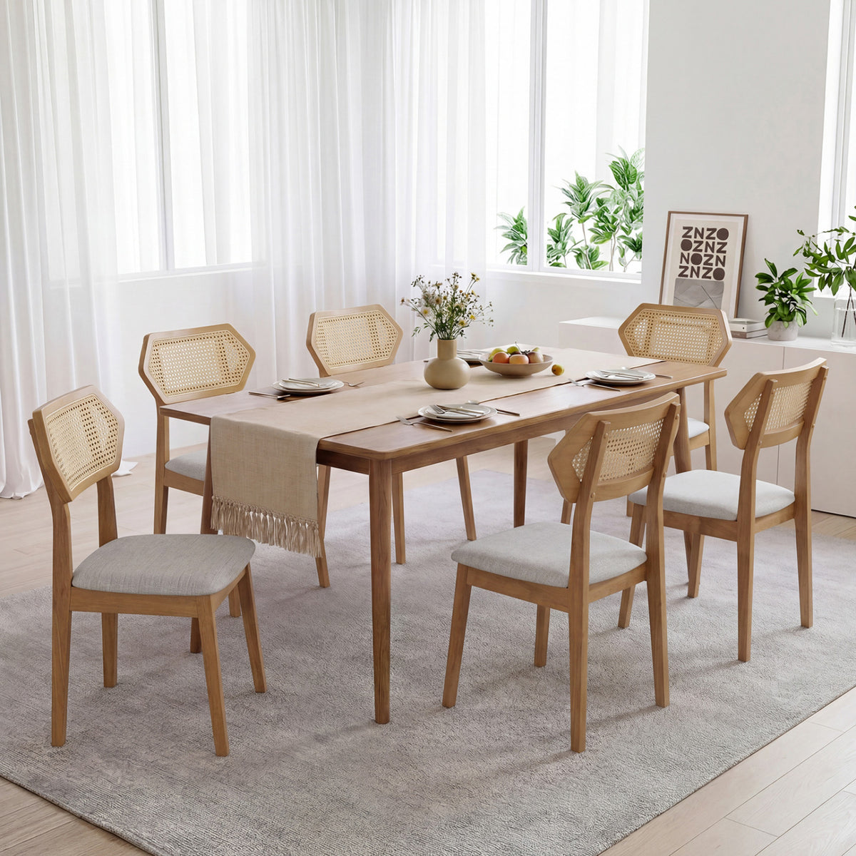 Mid Century Rattan Dining Chairs Set of 4 with Rattan Back