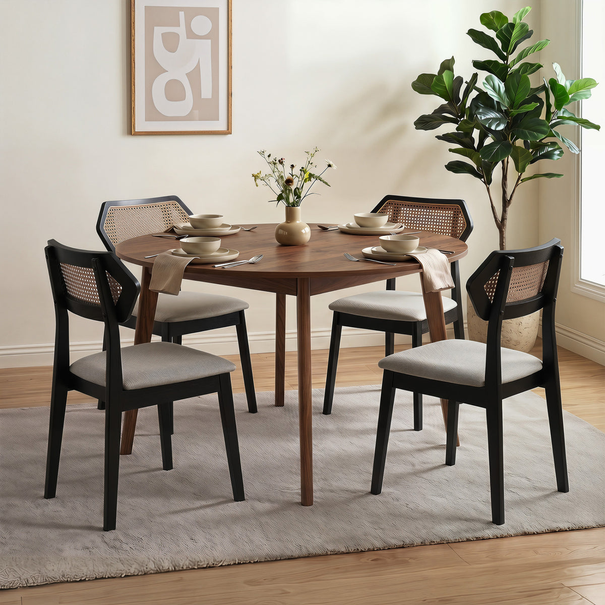 Mid Century Rattan Dining Chairs Set of 4 with Rattan Back