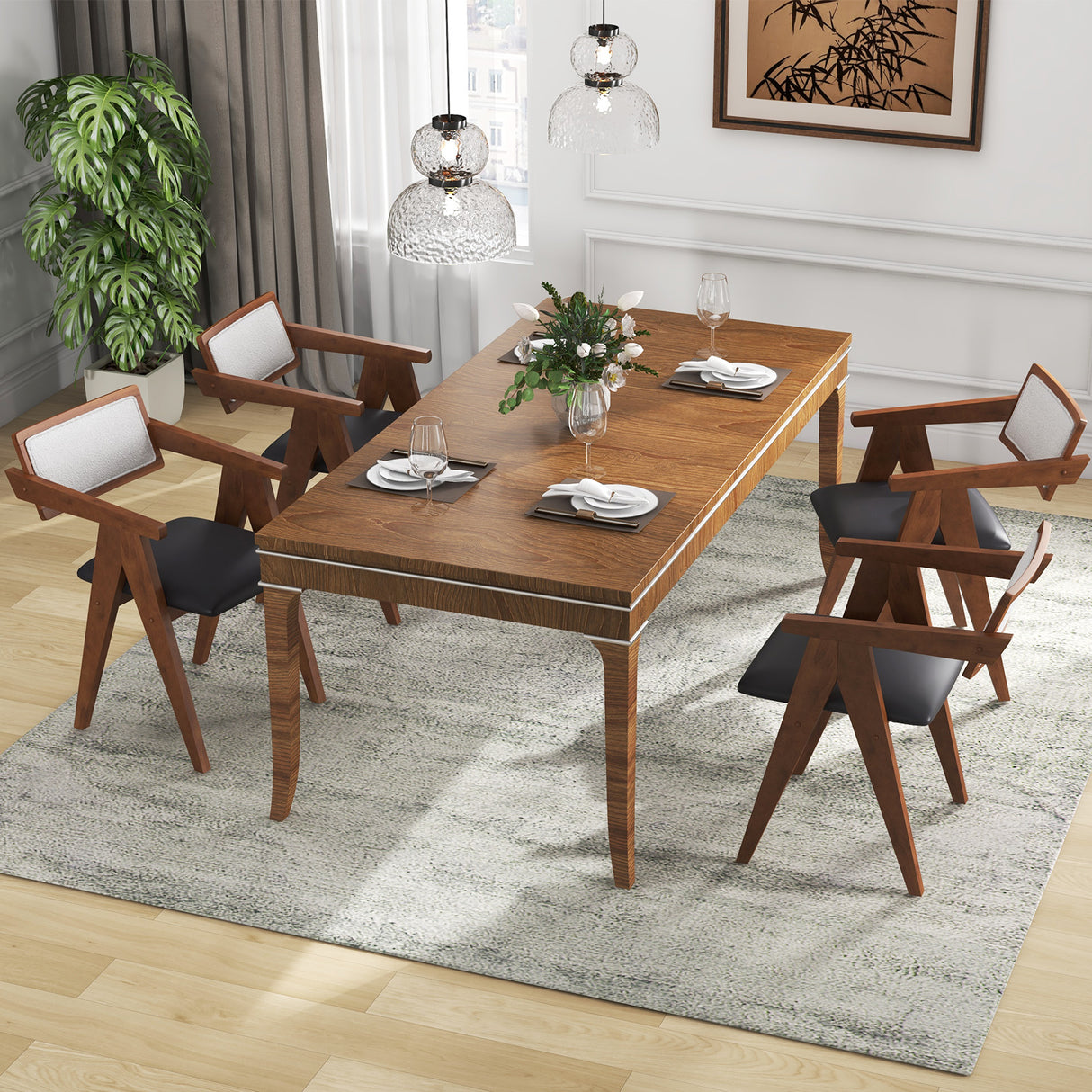 Mid Century Wooden Accent Chairs with Leathaire Seat Cushions Set of 2