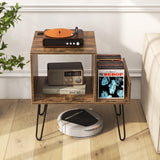 Mid-century Record Player Stand with Power Outlet and Vinyl Divider