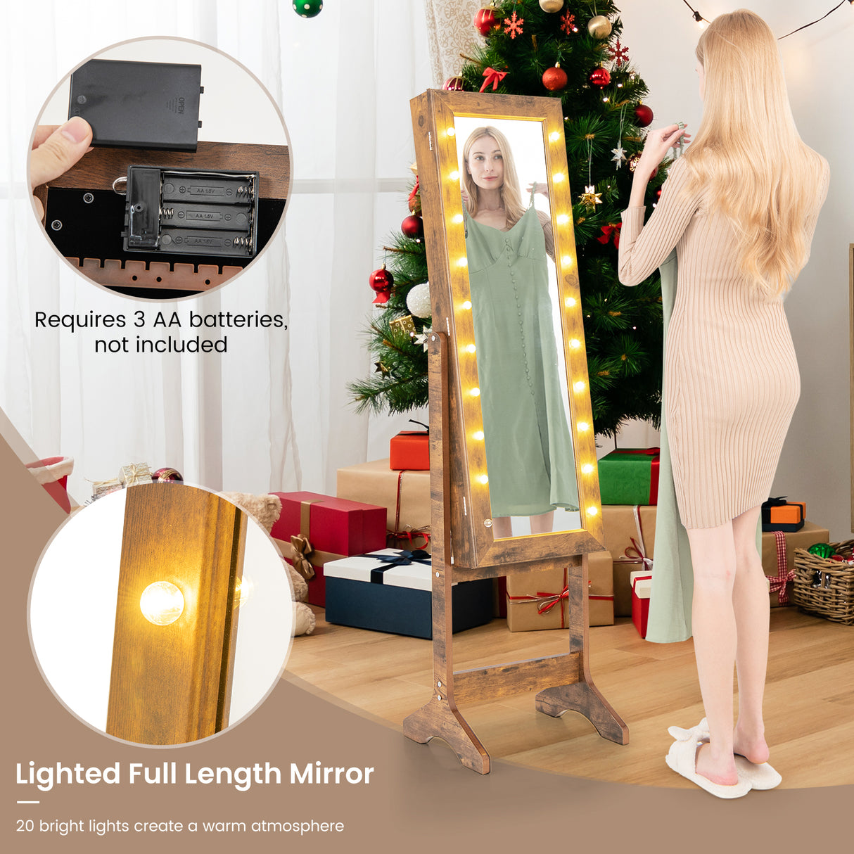 Mirror Jewelry Cabinet with 20 Warm Lights and 4 Tilt Angles
