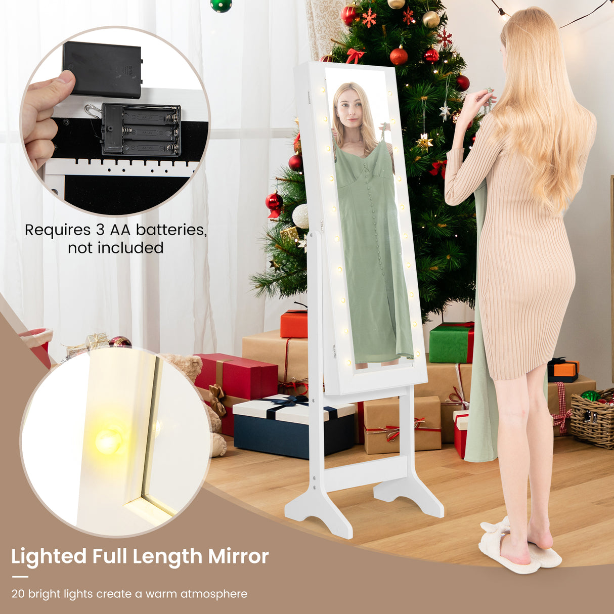 Mirror Jewelry Cabinet with 20 Warm Lights and 4 Tilt Angles