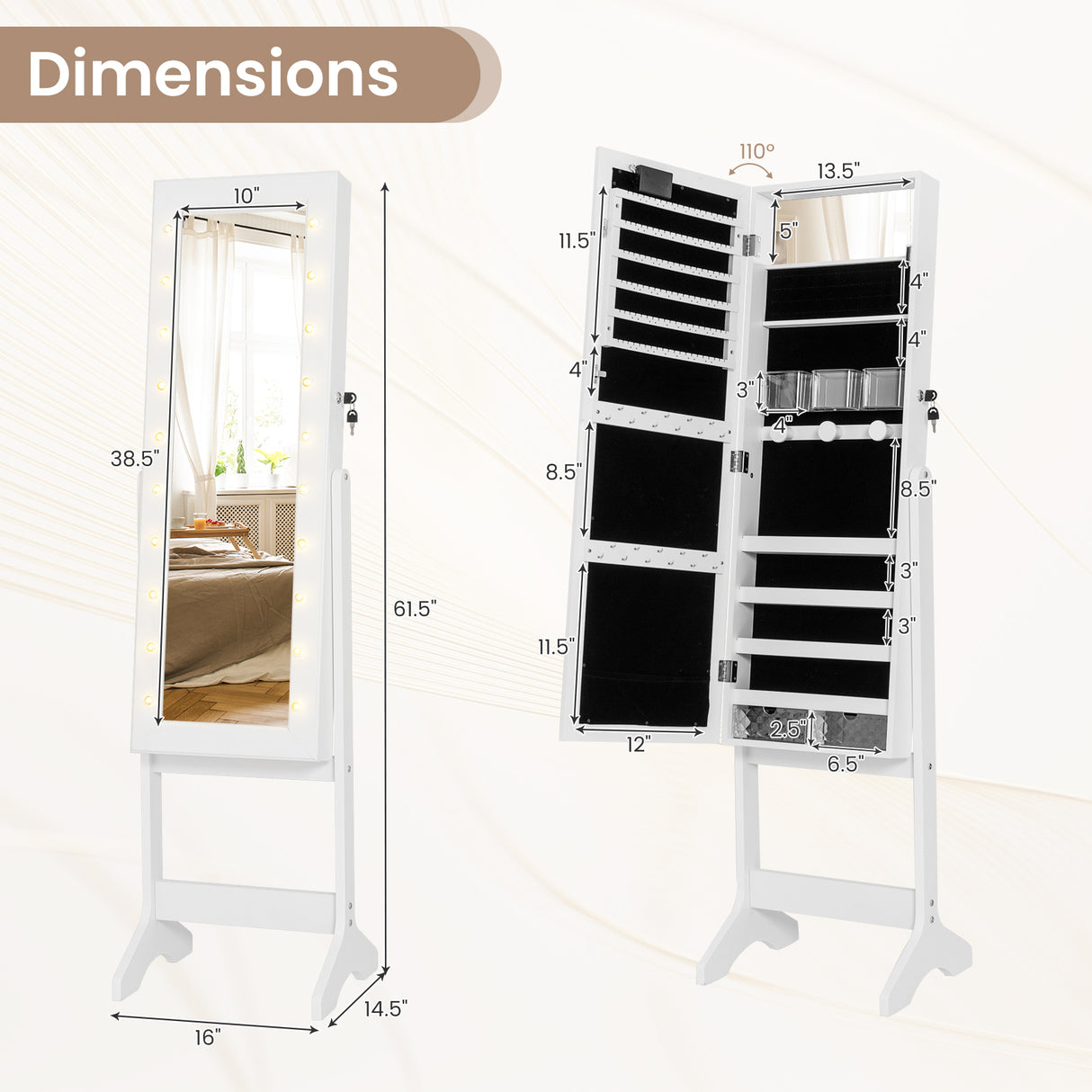Mirror Jewelry Cabinet with 20 Warm Lights and 4 Tilt Angles