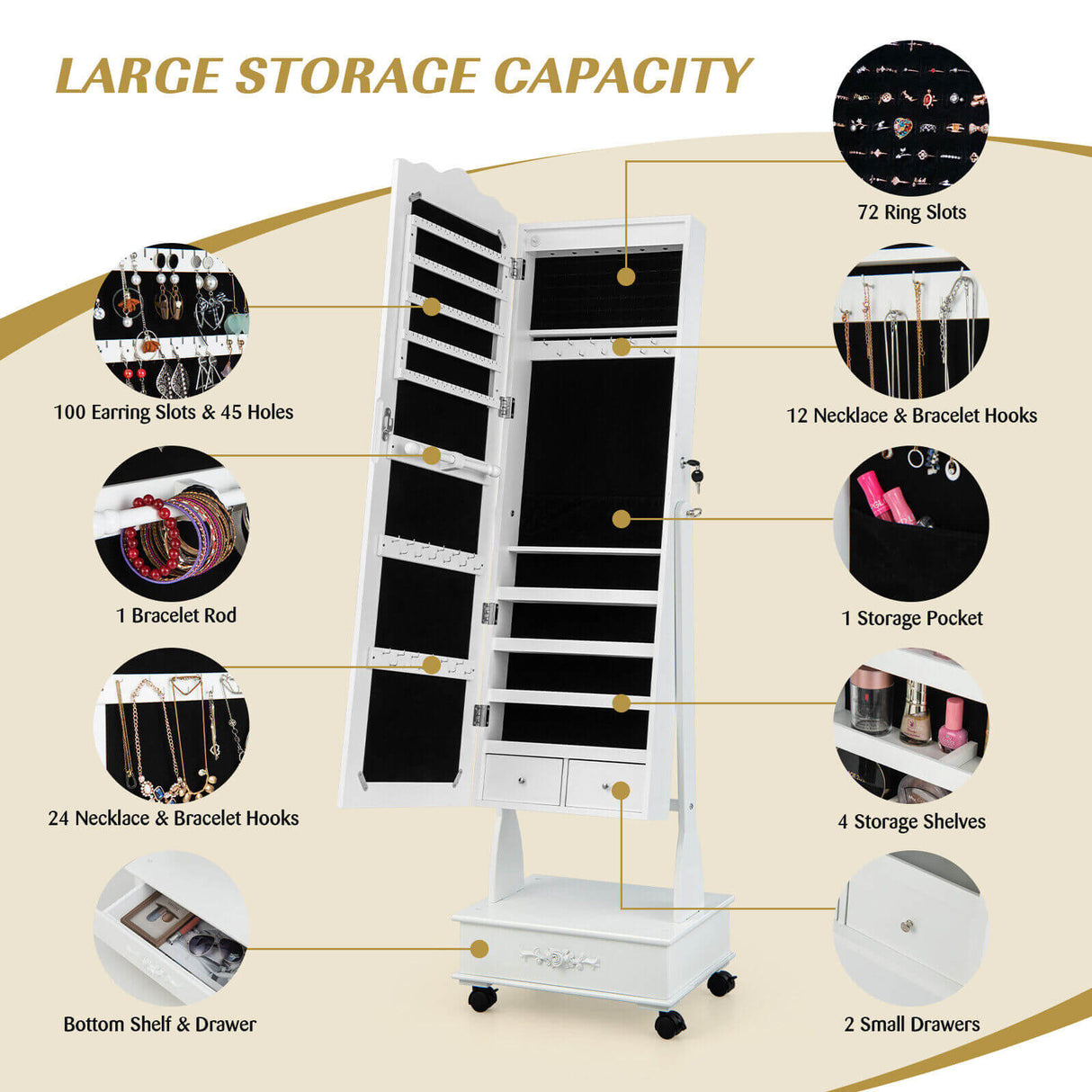Rolling Floor Standing Mirrored Jewelry Armoire with Lock and Drawers