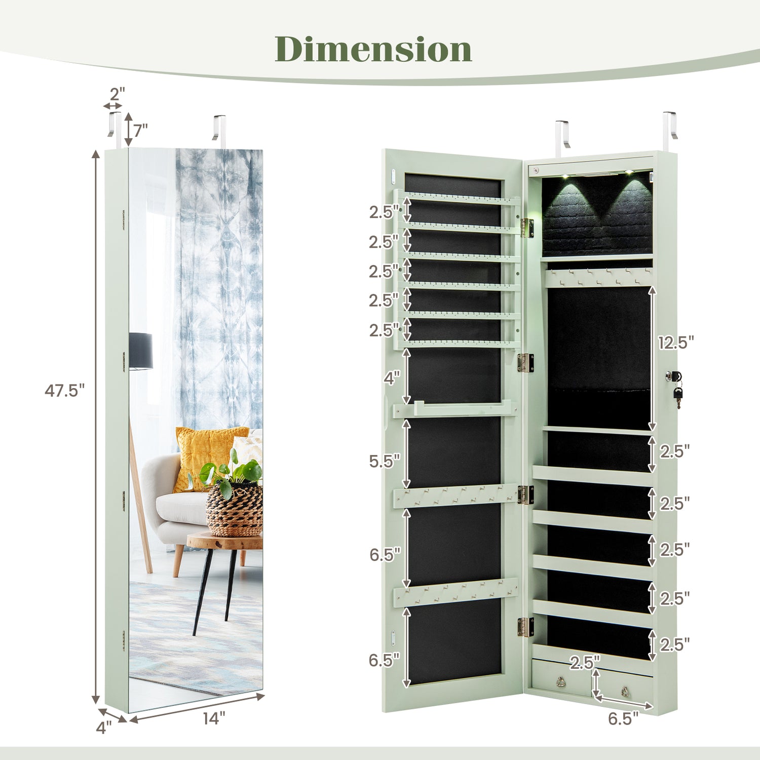 Wall and Door Mounted Mirrored Jewelry Cabinet with Lights
