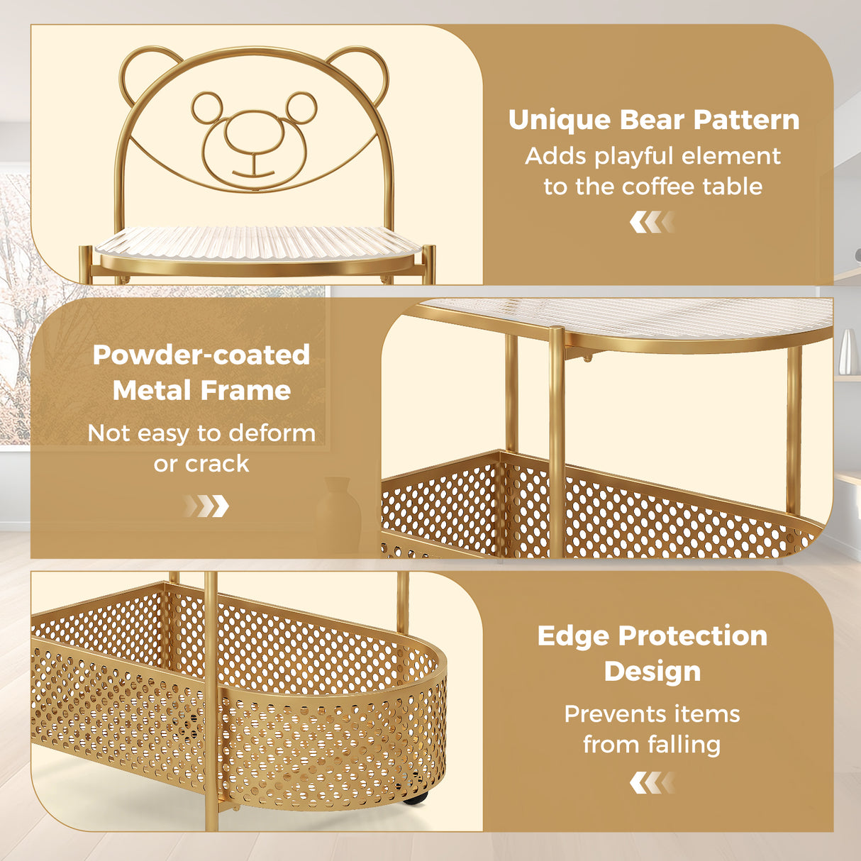 2-Tier Mobile Glass Coffee Table with Bear Pattern