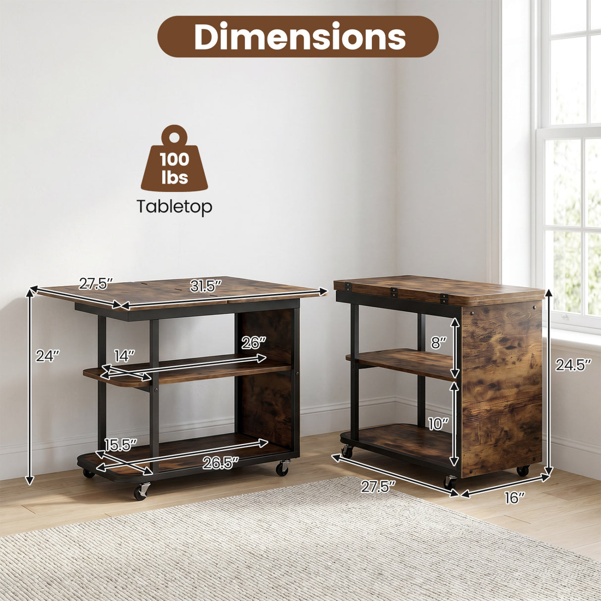 Mobile Night Stand with Foldable Swivel Top and 2-Tier Shelf for Small Spaces